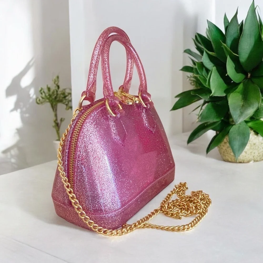 Pink Glitter Jelly Crossbody with 24” Drop Detachable Gold Chain or Handbag NWOT